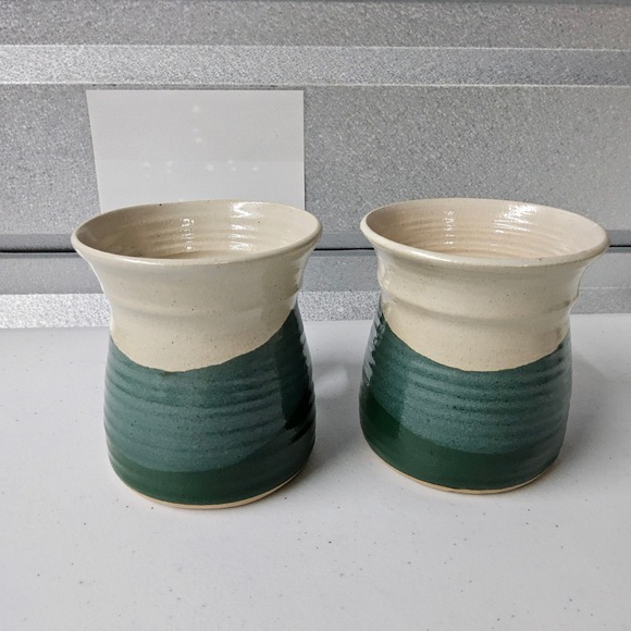 Handmade‎ Pottery Mugs Set of 2 Green Beige Ceramic Coffee Tea Cup Artist Sig - Picture 4 of 9
